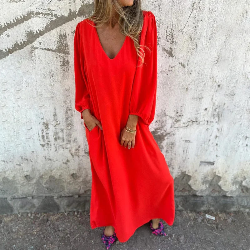 Loose V-Neck Solid Color Lantern Sleeve Dress